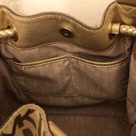 Michael Kors Marina Gathered Canvas Tote Bag With Tassels Gold - Picture 9 of 13